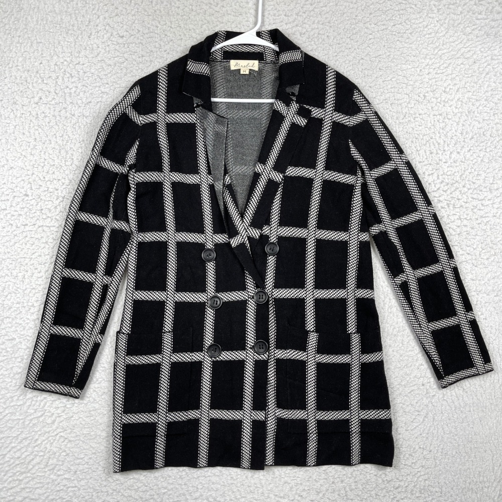 Marled Blazer Womens Medium Black White Grid Double Breasted Knit Dark Academia